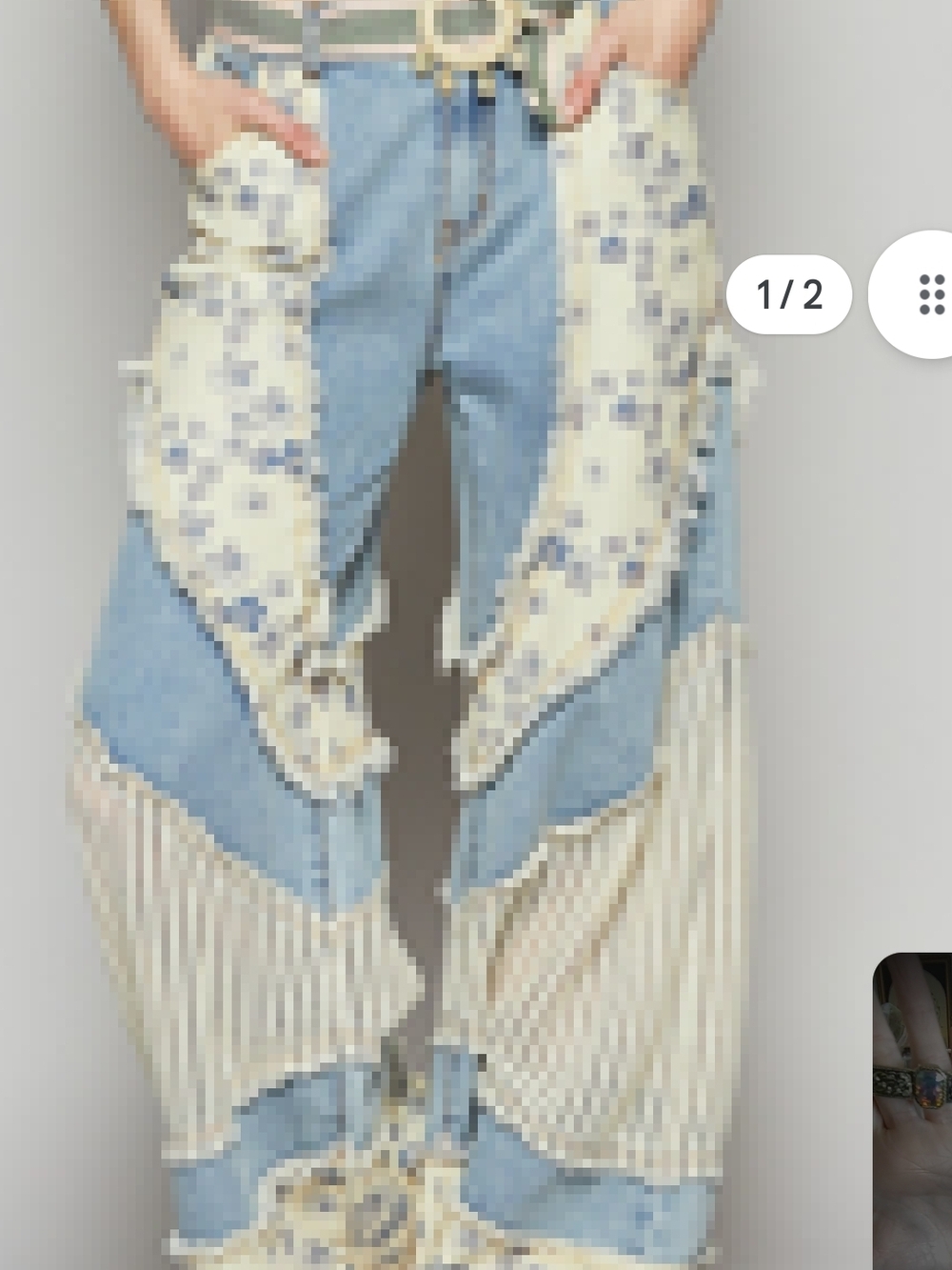 POL Light Blue and Cream Patchwork Fringe Jeans